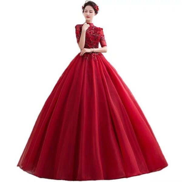 B028 Elegant Women Half Sleeves High Neck Tulle Red Evening Dress Graduation Party Dresses Design