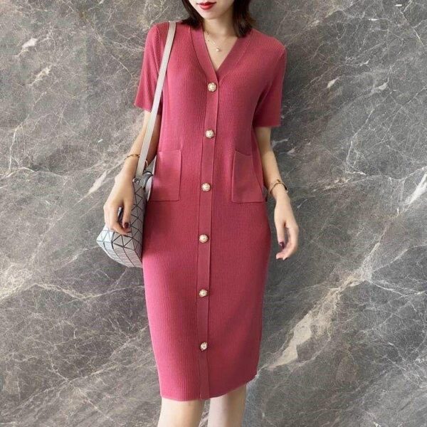 New autumn knitted solid color V-neck button pocket design for women's dress casual oversized dress - Image 3