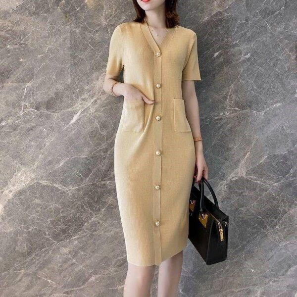 New autumn knitted solid color V-neck button pocket design for women's dress casual oversized dress - Image 2