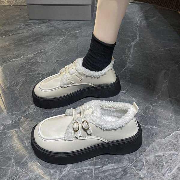 Plush small leather shoes women's autumn and winter 2024 new versatile vintage thick-soled Mary Jane shoes lamb hair bean shoes cotton shoes - Image 3