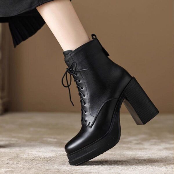 Woodpecker high-heeled Martin boots women's thick-soled thick-heeled boots waterproof platform lace-up vintage temperament leather short boots - Image 4