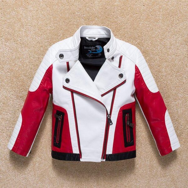 024 autumn and winter new men's and women's jacket children's leather jacket children's clothing black red white stitching breathable motorcycle leather jacket