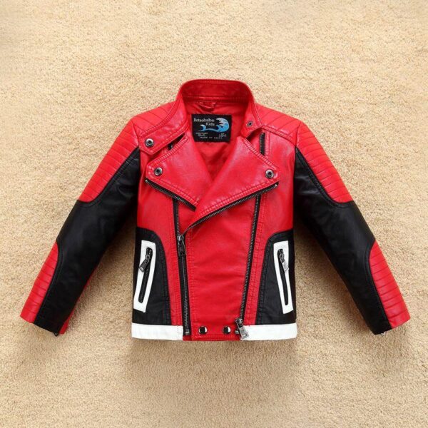 024 autumn and winter new men's and women's jacket children's leather jacket children's clothing black red white stitching breathable motorcycle leather jacket - Image 4