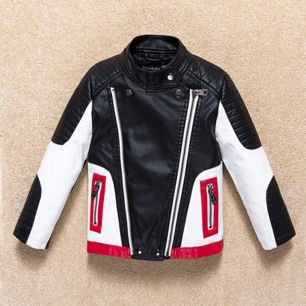 024 autumn and winter new men's and women's jacket children's leather jacket children's clothing black red white stitching breathable motorcycle leather jacket - Image 3