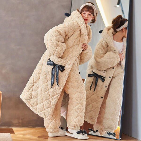 Winter three-layer cotton coral velvet nightgown pyjamas women's thickened plush flannel outerwear homewear set