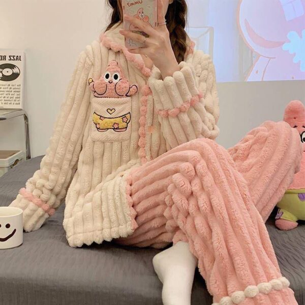 Pyjamas women's winter coral velvet thickened plush Internet celebrity medium and long nightgown winter women's hooded home Living clothes set - Image 8