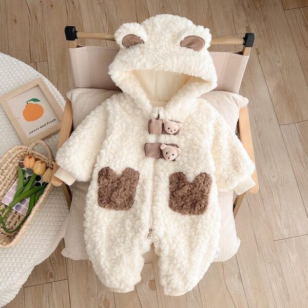 Baby winter clothes super cute plush jumpsuit newborn baby hooded crawling suit thickened warm winter clothes going out - Image 2