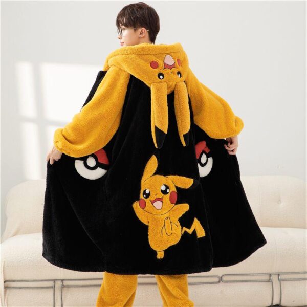 Autumn and winter pyjamas men's coral velvet cartoon animation hooded thickened warm long nightgown outerwear home Living clothes set