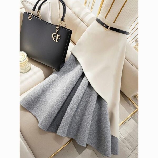 Colour contrast half-length skirt high-end exquisite temperament high waist slimming 2024 winter popular a-line long skirt