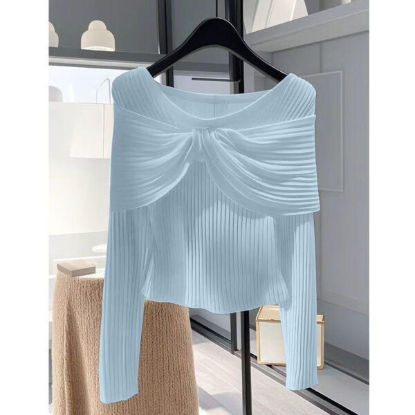 Solid colour knitted undershirt women's underwear early autumn unique design niche slim long-sleeved collarbone top