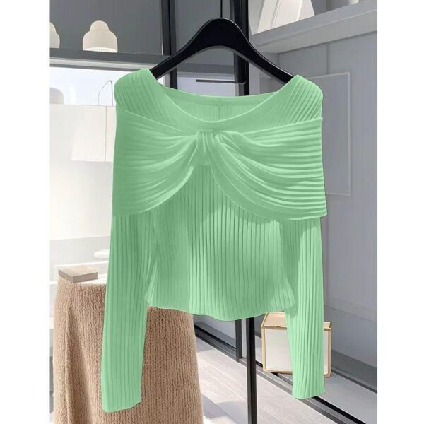 Solid colour knitted undershirt women's underwear early autumn unique design niche slim long-sleeved collarbone top - Image 3