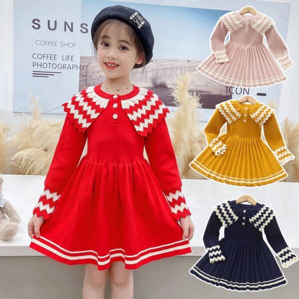 2024 Autumn New Girls' Dress Autumn Korean Version Children's Knitted Skirt Western Style Baby Sweater Princess Dress