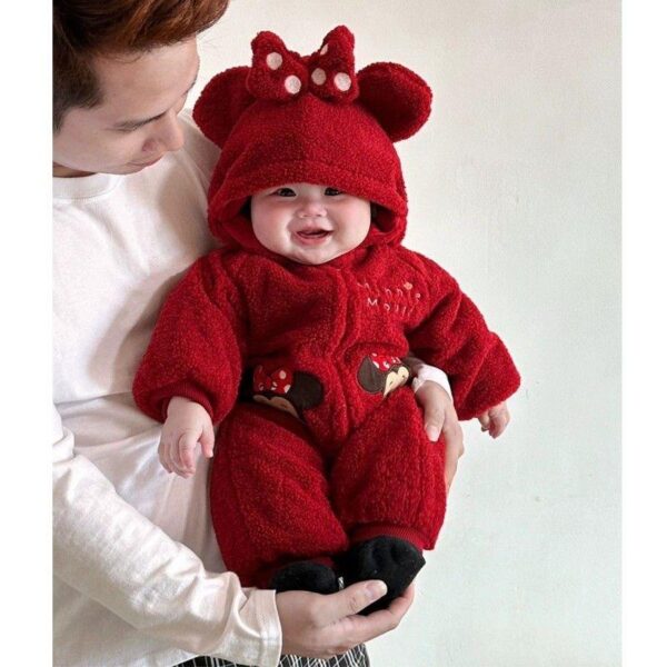 Baby plush thick jumpsuit winter baby girl clothes super cute crawling clothes red New Year's clothes New Year's clothes - Image 3