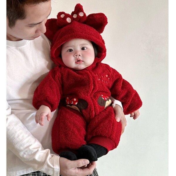 Baby plush thick jumpsuit winter baby girl clothes super cute crawling clothes red New Year's clothes New Year's clothes - Image 4