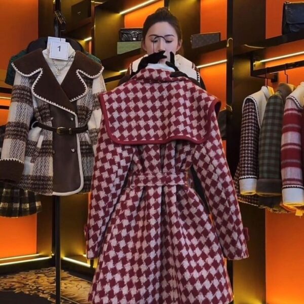 Red Korean version winter small vintage plaid suit tweed jacket autumn and winter new style Thickened tweed coat - Image 4