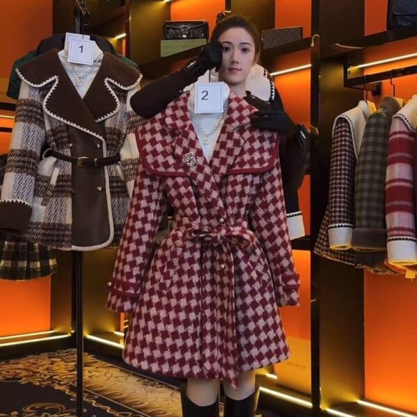 Red Korean version winter small vintage plaid suit tweed jacket autumn and winter new style Thickened tweed coat - Image 2