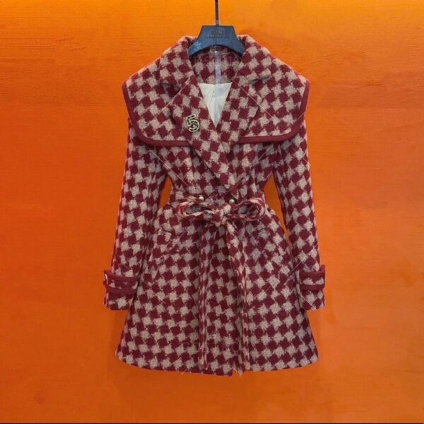 Red Korean version winter small vintage plaid suit tweed jacket autumn and winter new style Thickened tweed coat - Image 3