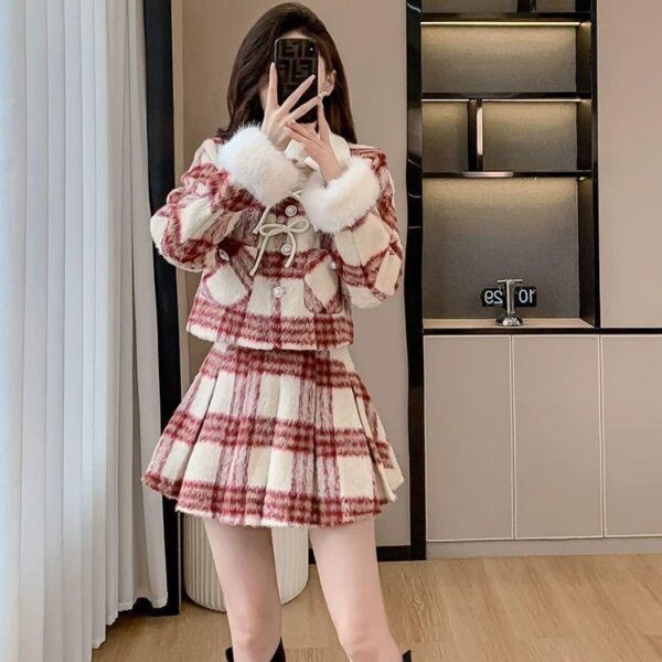 Fragrant fashion set with cotton red checkered women's winter clothing 2024 high-end small pleated skirt two-piece set - Image 2