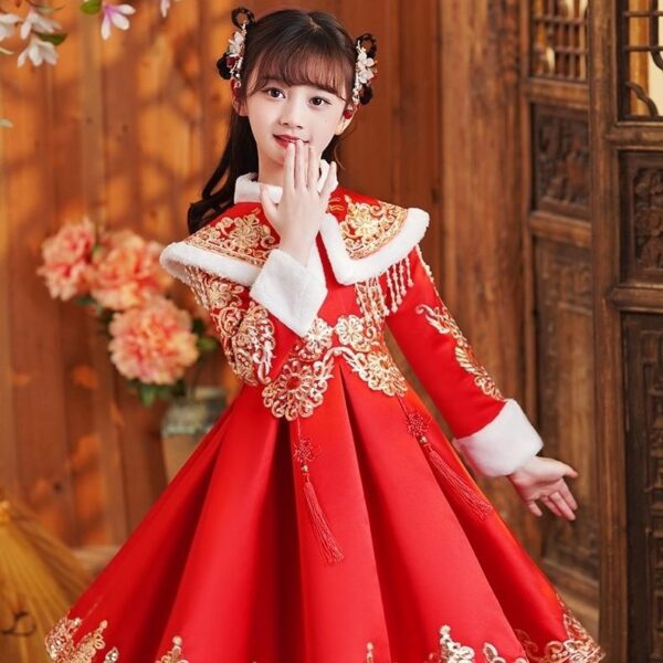 New Year's clothing Hanfu red children's New Year's Tang clothing winter ancient clothing plush Thickened festive winter clothing new style - Image 3