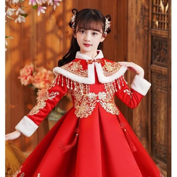 New Year's clothing Hanfu red children's New Year's Tang clothing winter ancient clothing plush Thickened festive winter clothing new style - Image 2