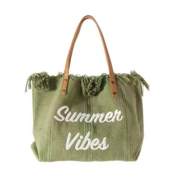 Tassel woven canvas bag women's 2024 new embroidery letter commuter tote bag fashion versatile shoulder bag trend - Image 2