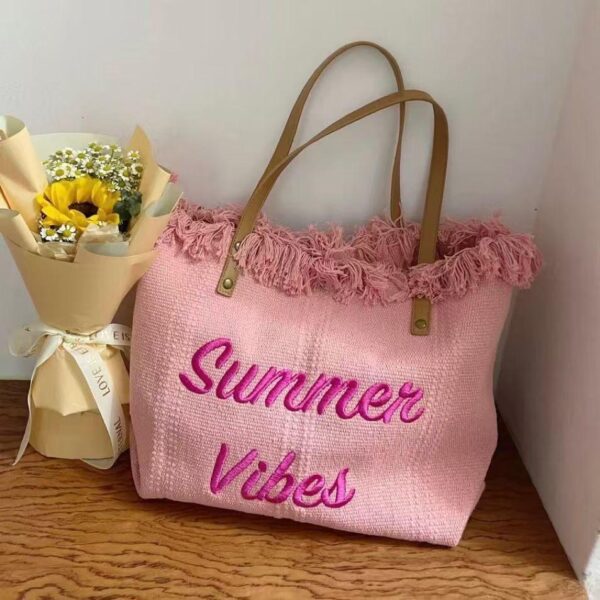 Tassel woven canvas bag women's 2024 new embroidery letter commuter tote bag fashion versatile shoulder bag trend - Image 3