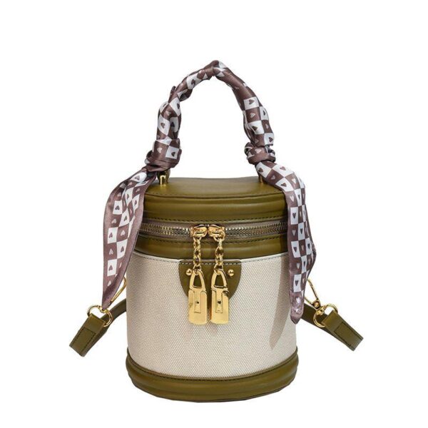 2024 new niche design hand-held cylinder bag contrasting colour bucket bag women's versatile one-shoulder cross-body bag foreign style round