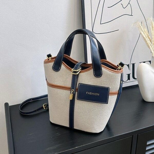 New 2024 canvas niche contrast colour handbag large capacity foreign style fashion one-shoulder cross-body bag All-match bucket bag