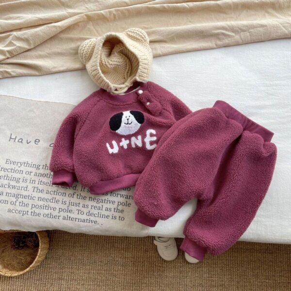 Baby winter clothing plush thickened sweatshirt sweatpants set western style boys and girls plush fashionable warm split two-piece set - Image 3