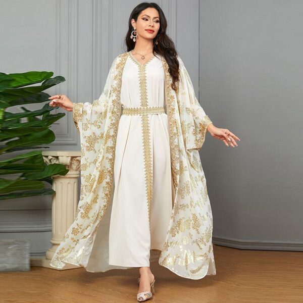 Middle East Arab women's V-neck apricot loose gold-plated long-sleeved dress 2-piece Uyghur banquet dress - Image 4