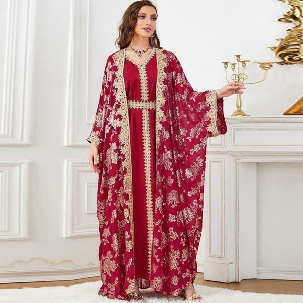 Middle East Arab women's V-neck apricot loose gold-plated long-sleeved dress 2-piece Uyghur banquet dress