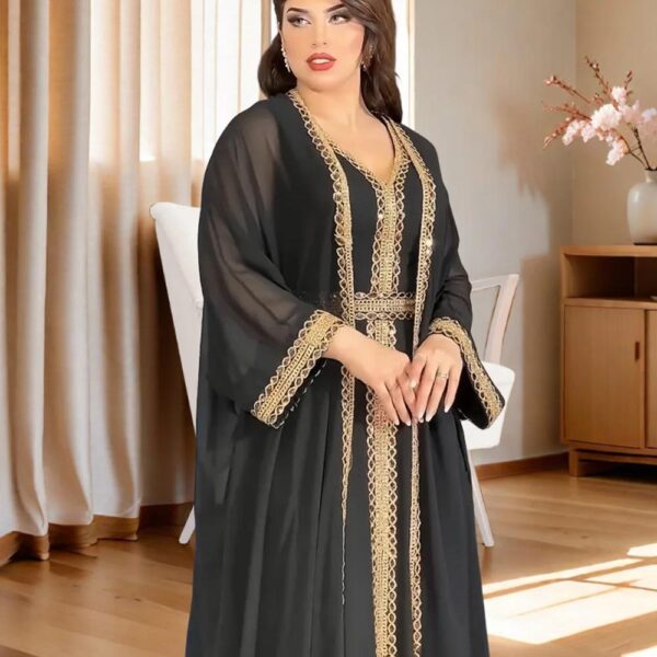 Arab cross-border Middle East 2024 summer new Dubai foreign trade chiffon solid colour robe two-piece dress - Image 2