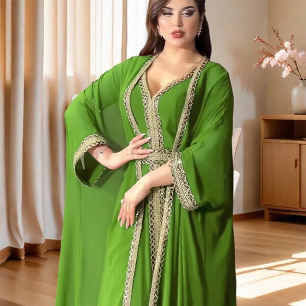 Arab cross-border Middle East 2024 summer new Dubai foreign trade chiffon solid colour robe two-piece dress - Image 4