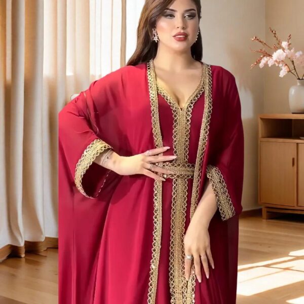 Arab cross-border Middle East 2024 summer new Dubai foreign trade chiffon solid colour robe two-piece dress - Image 3