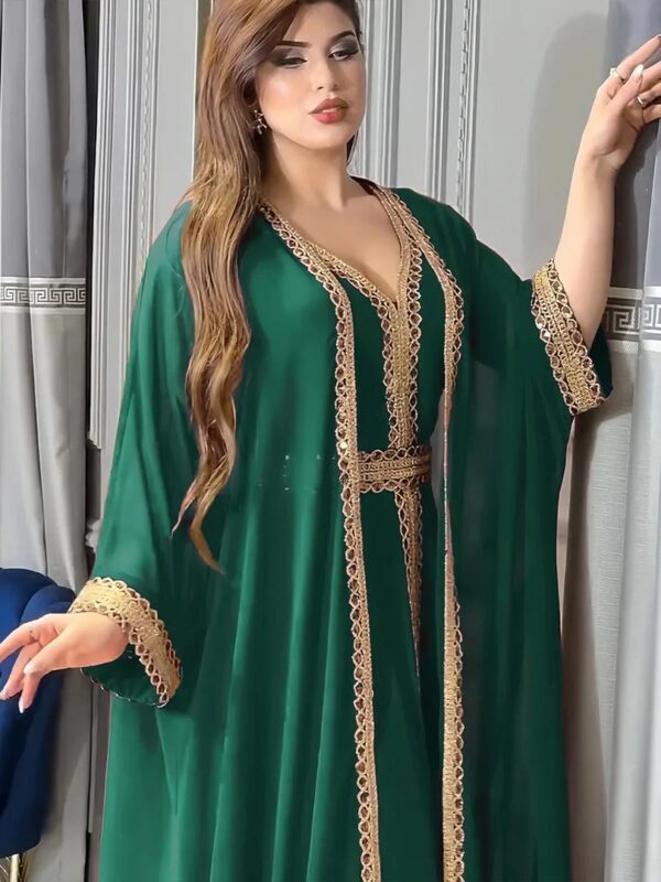 Arab cross-border Middle East 2024 summer new Dubai foreign trade chiffon solid colour robe two-piece dress - Image 5