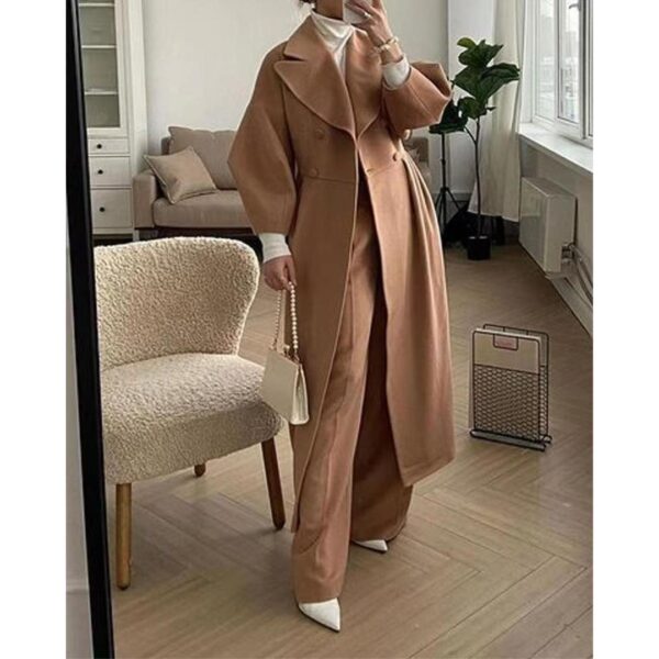 2024 European and American autumn and winter new retro court style lantern sleeve large lapel tweed jacket long coat - Image 3