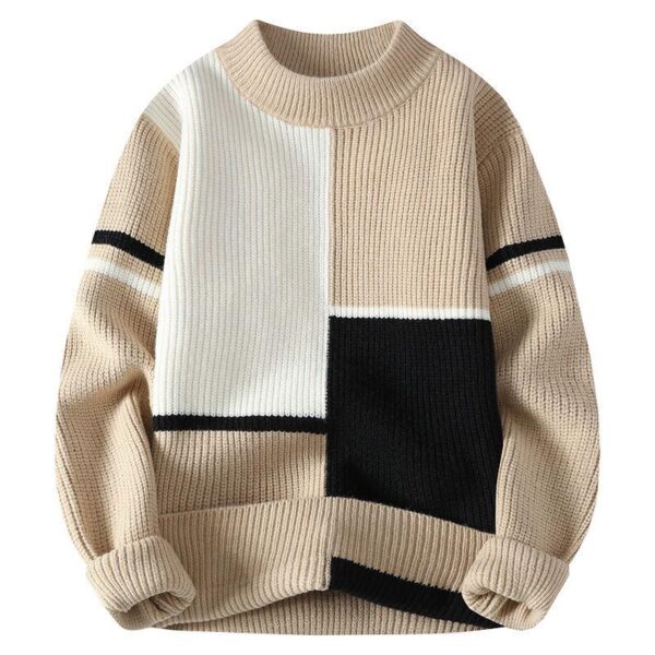 Sweater men's fake two-piece half turtleneck youth fashion knitwear men Autumn and winter Korean version warm colour block line clothes - Image 4