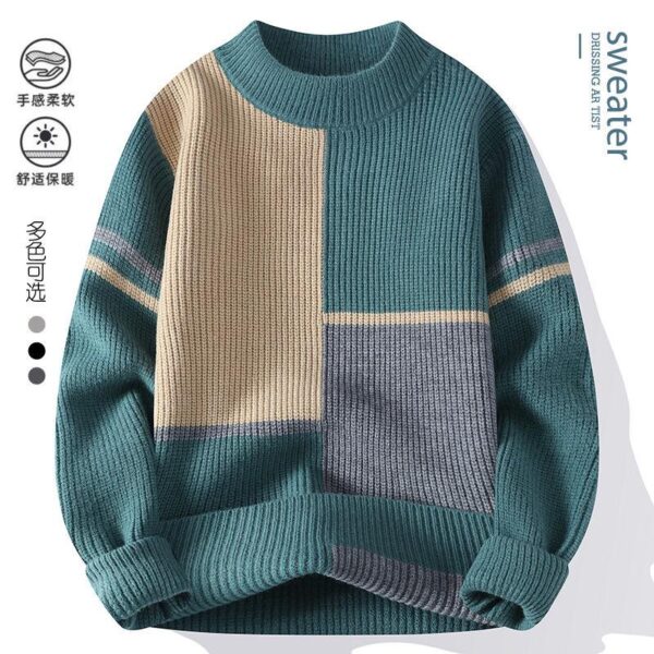 Sweater men's fake two-piece half turtleneck youth fashion knitwear men Autumn and winter Korean version warm colour block line clothes