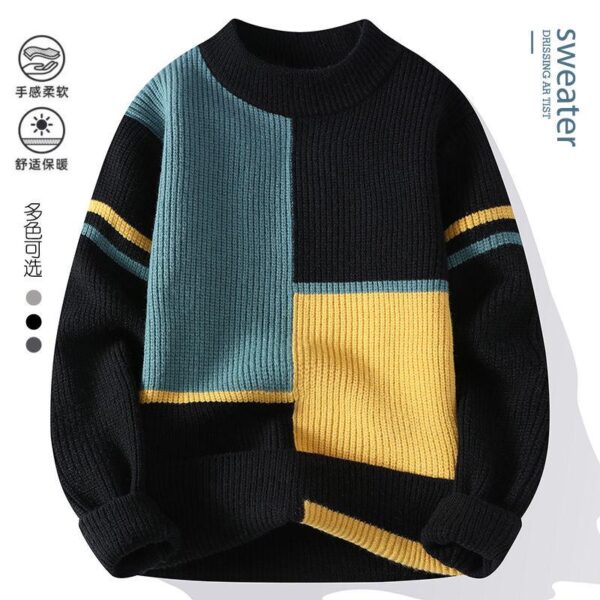 Sweater men's fake two-piece half turtleneck youth fashion knitwear men Autumn and winter Korean version warm colour block line clothes - Image 2