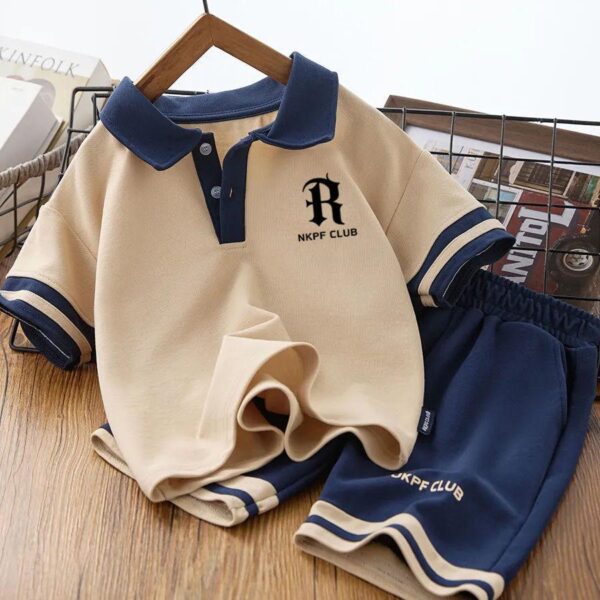 Boys' summer clothes set children's lapel college-style polo shirt middle-aged boys summer short-sleeved shorts two-piece set - Image 2