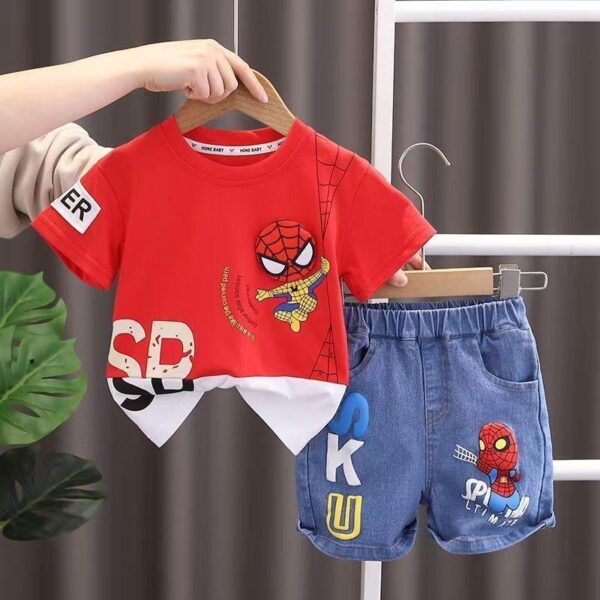 Boys' summer clothes 2024 new western style short-sleeved two-piece set baby children spider man jeans set fashion clothes