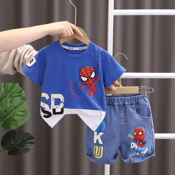 Boys' summer clothes 2024 new western style short-sleeved two-piece set baby children spider man jeans set fashion clothes - Image 4