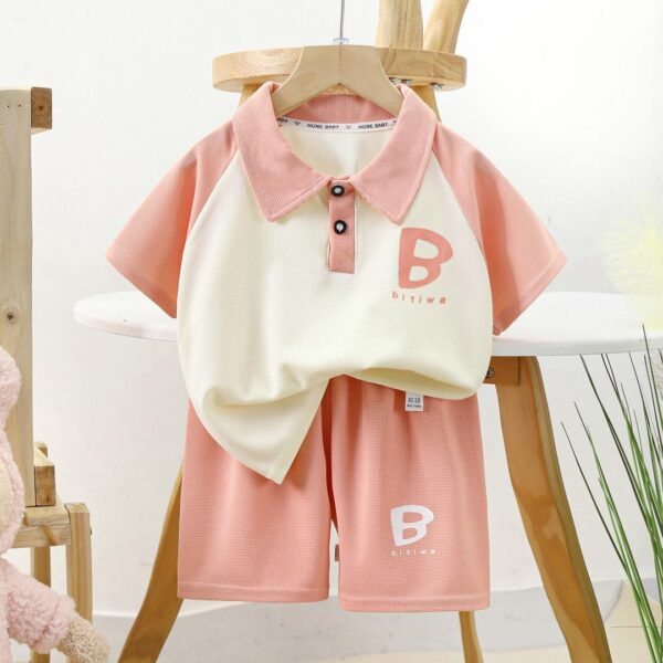 Children's summer new girls' waffle shorts short-sleeved set polo boys' thin lapel two-piece set - Image 3