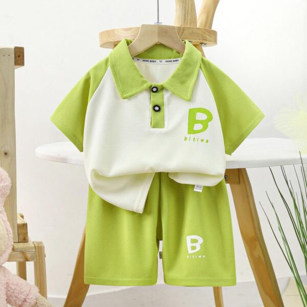 Children's summer new girls' waffle shorts short-sleeved set polo boys' thin lapel two-piece set - Image 4