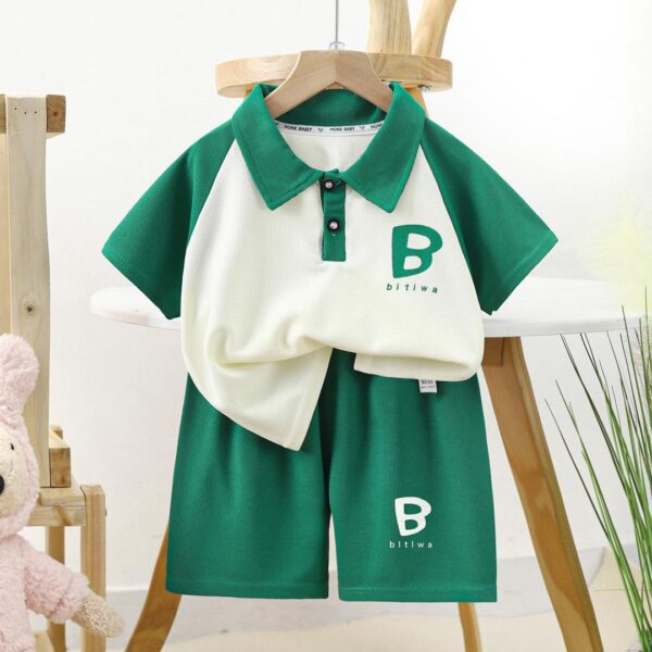 Children's summer new girls' waffle shorts short-sleeved set polo boys' thin lapel two-piece set