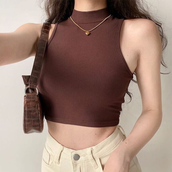 European and American summer new vintage small high-neck vest women's elastic white slim short navel sleeveless Sports top - Image 3