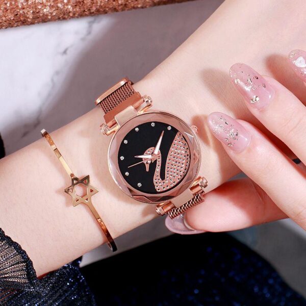 Light luxury diamond-encrusted little swan watch women's student waterproof Korean version bracelet niche lazy Magnetic mesh belt quartz watch - Image 3