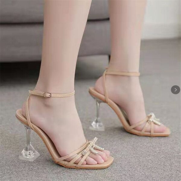 European and American square toe sandals women's thin high heels 2020 new product rhinestone bow open toe one-word buckle belt large size Roman shoes - Image 2