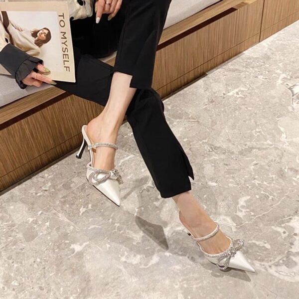 Sandals women's 2023 new summer fashion rhinestone bow one-character belt head thin heel high-heeled pointed slippers - Image 3