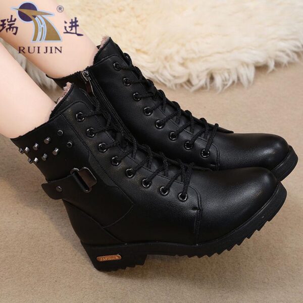 Leather plush warm winter Martin boots female student flat 2024 British style boots casual cotton shoes snow boots - Image 3